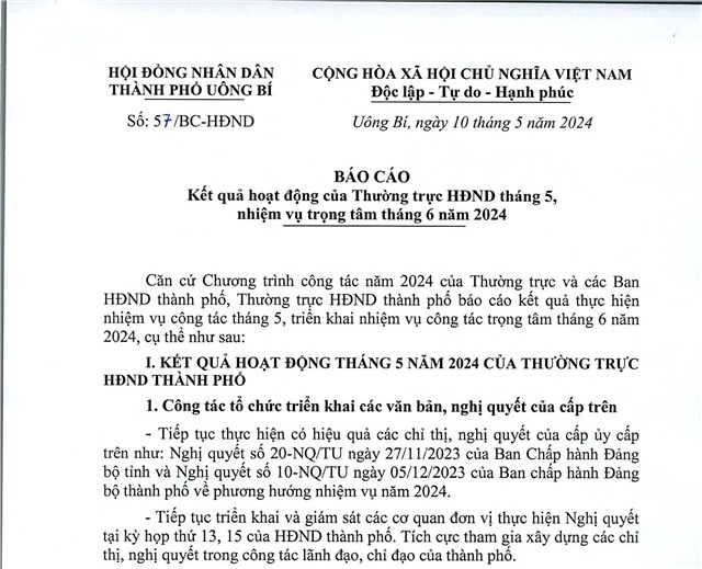 Báo cáo kết quả hoạt động của Thường trực uu888 bet app tháng 5, nhiệm vụ trọng tâm tháng 6 năm 2024