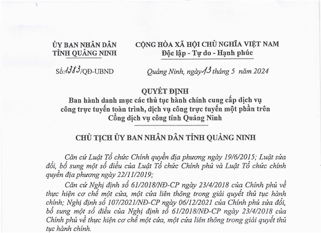 Ban hành danh mục các thủ tục hành chính cung cấp dịch vụ công trực tuyến toàn trình, dịch vụ công trực tuyến một phần trên Cổng dịch vụ công tỉnh uu888 one.