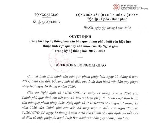 Quyết định công bố Tập hệ thống hóa văn bản quy phạm pháp luật còn u888vip1 thuộc lĩnh vực quản lý Nhà nước của Bộ Ngoại giao trong kỳ hệ thống hóa 2019-2023