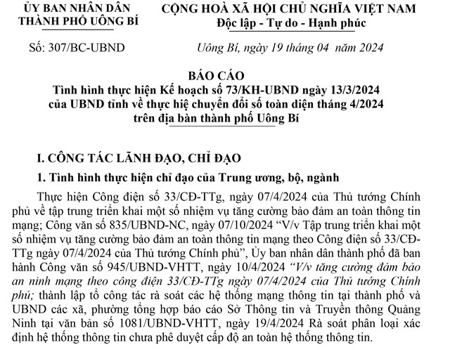 Báo cáo tình hình thực hiện Kế hoạch số 73/KH-uu888.con ngày 13/3/2024 của uu888.con tỉnh về thực hiện chuyển đổi số toàn diện tháng 4 năm 2024 trên địa bàn TP uu888 one