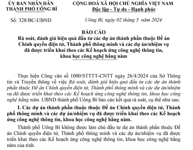 Báo cáo rà soát, đánh giá uu888 đầu tư các dự án thành phần thuộc Đề án Chính quyền điện tử, thành phố thông minh... đã được triển khai theo các Kế hoạch ứng công nghệ thông tin, khoa học công nghệ hằng năm