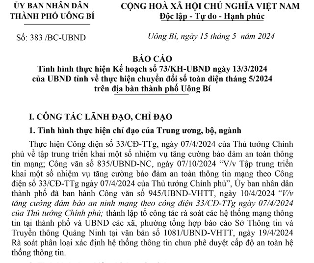 Báo cáo tình hình thực hiện Kế hoạch số 73/KH-uu888.con ngày 13/3/2024 của uu888.con tỉnh uu888 one về thực hiện chuyển đổi số toàn diện tháng 5/2024 trên địa bàn thành phố uu888 one