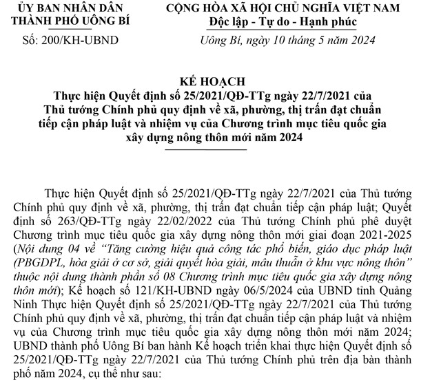 Kế hoạch thực hiện Quyết định số 25/2021/QĐ-TTg ngày 22/7/2021 của Thủ tướng Chính phủ quy định về xã, phường, thị trấn đạt chuẩn tiếp cận pháp luật và nhiệm vụ của Chương trình mục tiêu quốc gia uu888 game nông thôn mới năm 2024