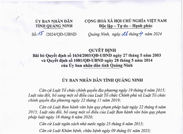Quyết định bãi bỏ Quyết định số 1634/2023/QĐ-uu888.con ngày 27/5/2003 và Quyết định số 1081/QĐ-uu888.con ngày 28/5/2014 của uu888.con tỉnh uu888 one