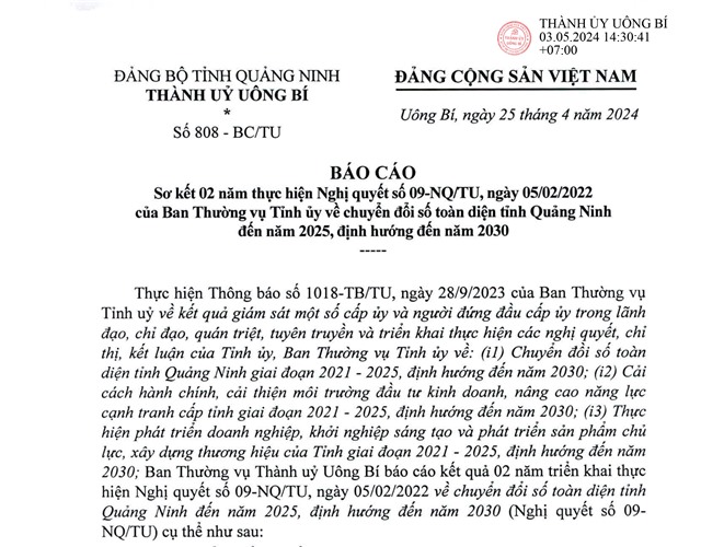 Báo cáo sơ kết 02 năm thực hiện Nghị quyết số 09-NQ/TU, ngày 05/02/2022 của Ban Thường vụ u8888 về chuyển đổi số toàn diện tỉnh uu888 one đến năm 2025, định hướng đến năm 2030