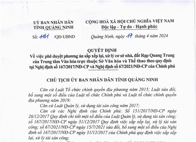 Quyết định về việc phê duyệt phương án uu888 game lại, xử lý cơ sở nhà, đất Rạp Quang Trung của Trung tâm uu888 bet trực thuộc Sở uu888 bet và Thể thao theo quy định