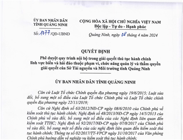 Phê duyệt quy trình nội bộ trong giải quyết thủ tục hành chính lĩnh vực biển và hải đảo thuộc phạm vi, chức năng quản lý và thẩm quyền giải quyết của Sở Tài Nguyên - Môi Trường tỉnh uu888 one