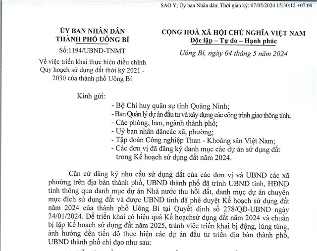Về việc triển khai thực hiện điều chỉnh quy hoạch sử dụng đất thời kỳ 2021- 2030 của thành phố uu888 one