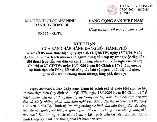 Kết luận của Ban Chấp hành Đảng bộ thành phố về sơ kết 05 năm thực hiện Quy định số 11-QĐi/TW, ngày 18/02/2019 của Bộ u888c3 ....; Chỉ thị số 27-CT/TW, ngày 10/01/2019 của Bộ u888c3 ...
