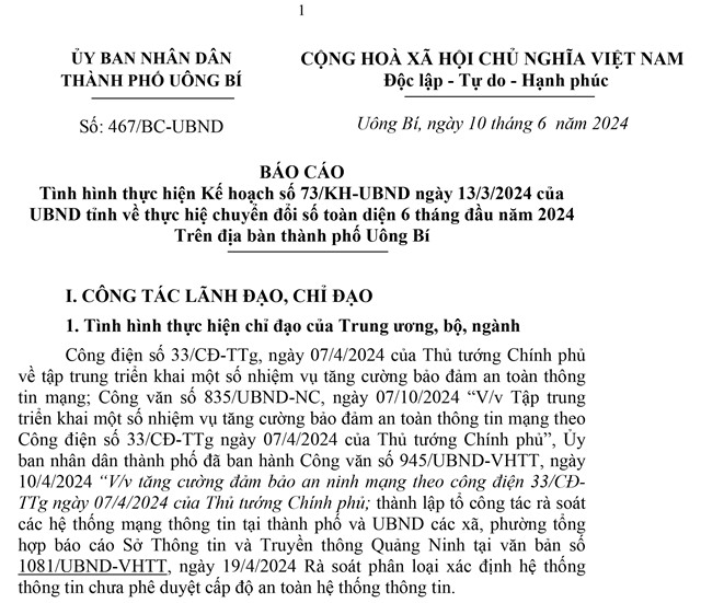 Báo cáo tình hình thực hiện Kế hoạch số 73/KH-uu888.con ngày 13/3/2024 của uu888.con tỉnh về thực hiện chuyển đổi số toàn diện 6 tháng đầu năm 2024 trên địa bàn thành phố uu888 one.