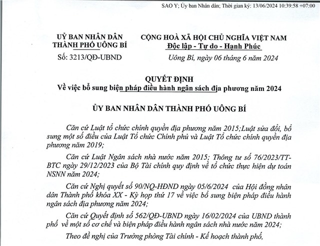Quyết định về việc bổ sung biện pháp điều hành ngân sách u8888 năm 2024