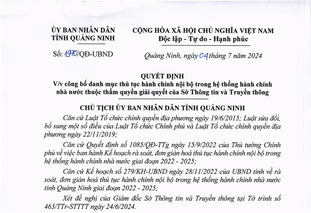 Công bố danh mục thủ tục hành chính nội bộ trong hệ thống hành chính nhà nước thuộc thẩm quyền giải quyết của Sở uu888.con và Truyền thông