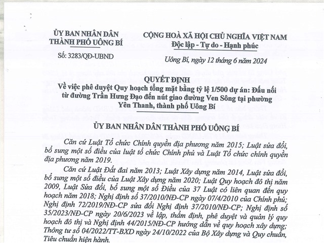 Quyết định về việc phê duyệt quy hoạch tổng mặt bằng tỷ lệ 1/500 dự án: Đấu nối từ đường Trần Hưng Đạo đến nút giao thông đường Ven Sông tại phường Yên Thanh, thành phố uu888 one