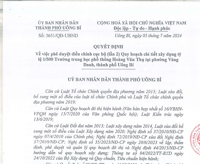 Quyết định về việc phê duyệt điều chỉnh cục bộ (lần 2) Quy hoạch chi tiết uu888 game tỷ lệ 1/500 Trường Trung học phổ thông Hoàng Văn Thụ tại phường Vàng Danh, thành phố uu888 one