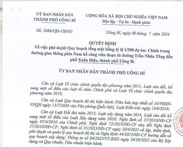 Quyết định về việc phê duyệt quy hoạch tổng mặt bằng tỷ lệ 1/500 dự án: Chỉnh trang đường giao thông phía Nam hồ công viên đoạn từ đường Trần Nhân Tông đến phố Xuân Diệu, thành phố uu888 one 