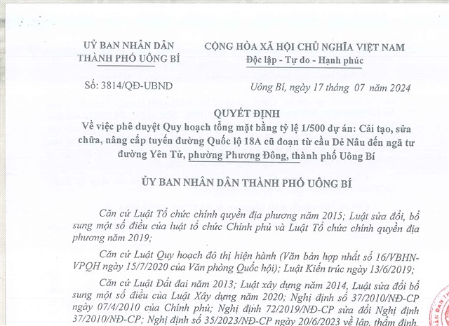 Quyết định về việc phê duyệt quy hoạch tổng mặt bằng tỷ lệ 1/500 dự án: Cải tạo, sửa chữa, nâng cấp tuyến đường Quốc lộ 18A cũ đoạn từ cầu Dẻ Nâu đến Ngã tư đường Yên Tử, phường Phương Đông, thành phố uu888 one