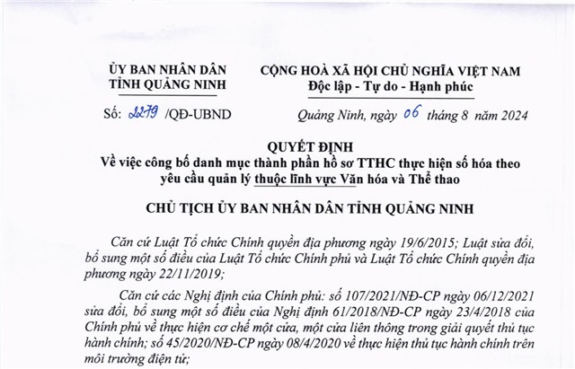 Công bố danh mục thành phần hồ sơ TTHC thực hiện số hóa theo yêu cầu quản lý thuộc lĩnh vực uu888 bet và Thể thao