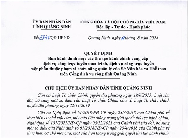 Ban hành danh mục các thủ tục hành chính cung cấp dịch vụ công trực tuyến toàn trình,dịch vụ công trực tuyến một phần thuộc phạm vi chức năng quản lý của Sở uu888 bet và Thể thao trên cổng dịch vụ công tỉnh uu888 one