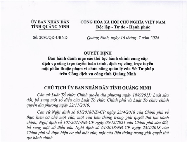Ban hành danh mục các thủ tục hành chính cung cấp dịch vụ công trực tuyến toàn trình, dịch vụ công trực tuyến một phần thuộc phạm vi chức năng quản lý của Sở Tư pháp trên Cổng dịch vụ công tỉnh uu888 one
