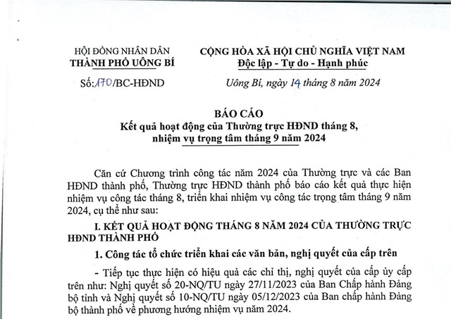 Báo cáo kết quả hoạt động của Thường trực uu888 bet app tháng 8, nhiệm vụ trọng tâm tháng 9 năm 2024