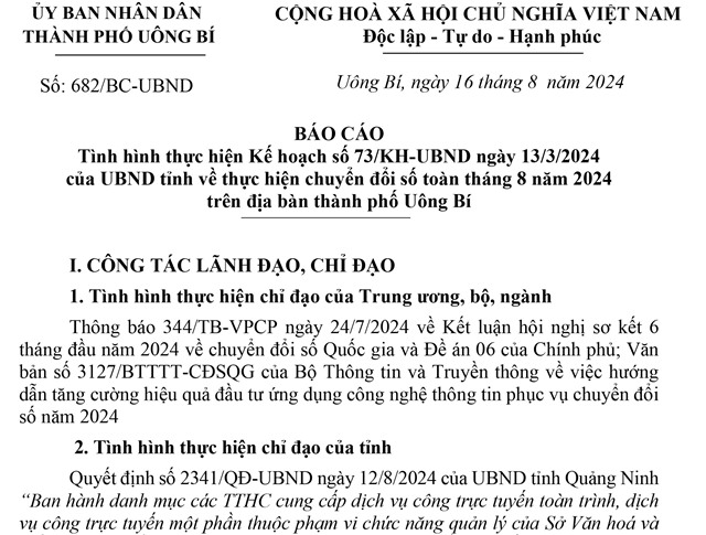 Báo cáo tình hình thực hiện kế hoạch số 73/KH-uu888.con ngày 13/3/2024 của uu888.con tỉnh về thực hiện chuyển đổi số toàn diện tháng 8 năm 2024 trên địa bàn thành phố uu888 one