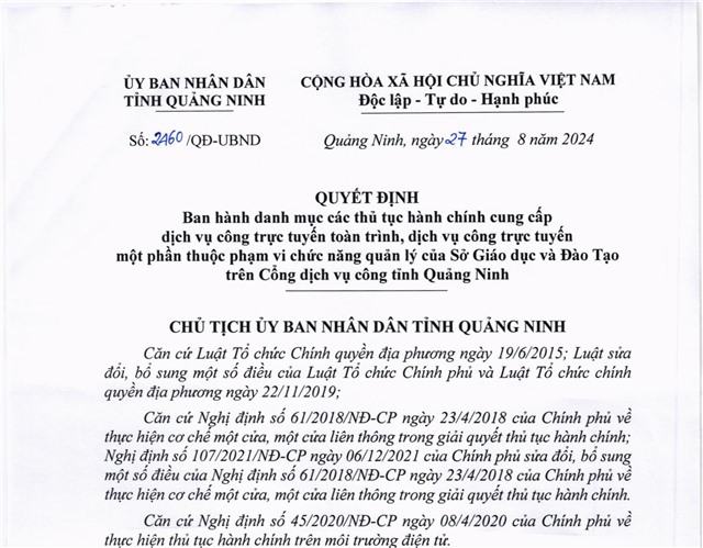 Ban hành danh mục các thủ tục hành chính cung cấp dịch vụ công trực tuyến toàn trình, dịch vụ công trực tuyến một phần thuộc phạm vi chức năng quản lý của Sở Giáo dục và Đào tạo trên cổng dịch vụ công tỉnh uu888 one