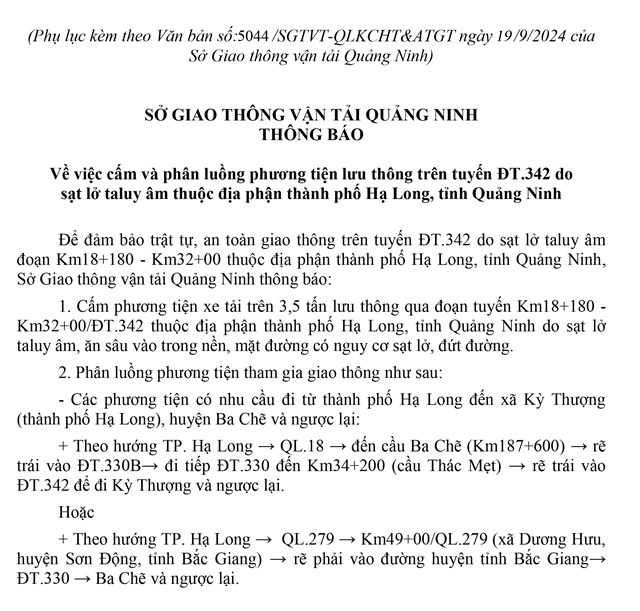 tải uu888 cấm và phân luồng phương tiện lưu thông trên tuyến ĐT.342 do sạt lở taluy âm thuộc địa phận TP Hạ Long, tỉnh uu888 one