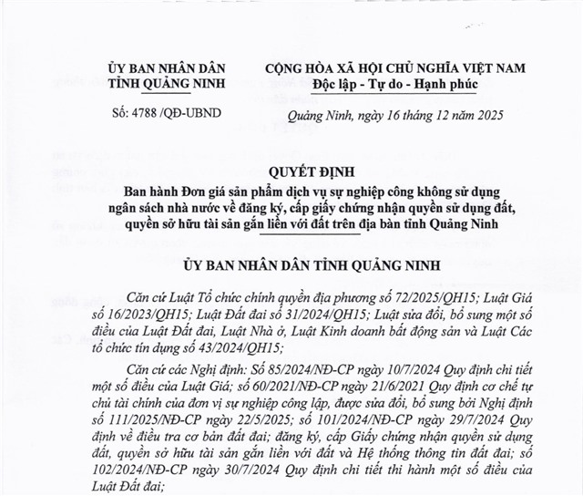 Quyết định Ban hành đơn giá sản phẩm dịch vụ sự nghiệp công không sử dụng ngân sách nhà nước về đăng ký, cấp giấy chứng nhận quyền sử dụng đất, quyền sở hữu tài sản gắn liền với đất trên địa bàn tỉnh uu888 one