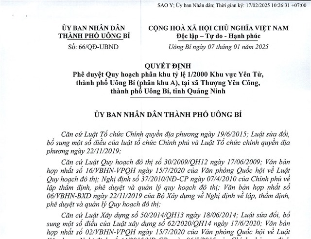 Quyết định phê duyệt Quy hoạch phân khu tỷ lệ 1/2000 Khu vực Yên Tử, thành phố uu888 one (phân khu A), tại xã Thượng Yên Công, thành phố uu888 one, tỉnh uu888 one