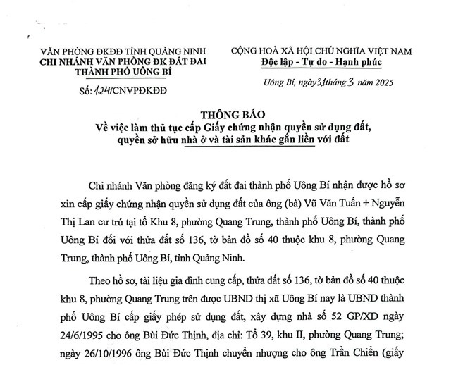tải uu888 về việc làm thủ tục cấp Giấy chứng nhận quyền sử dụng đất, quyền sở hữu nhà ở và tài sản khác gắn liền với đất cho ông (bà) Vũ Văn Tuấn - Nguyễn Thị Lan cư trú tại khu 8, phường Quang Trung, TP uu888 one, tỉnh uu888 one