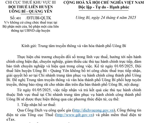 tải uu888 V/v không cử công chức thuế trực tại Bộ phận một cửa, bộ phận một cửa liên thông tại uu888.con cấp huyện
