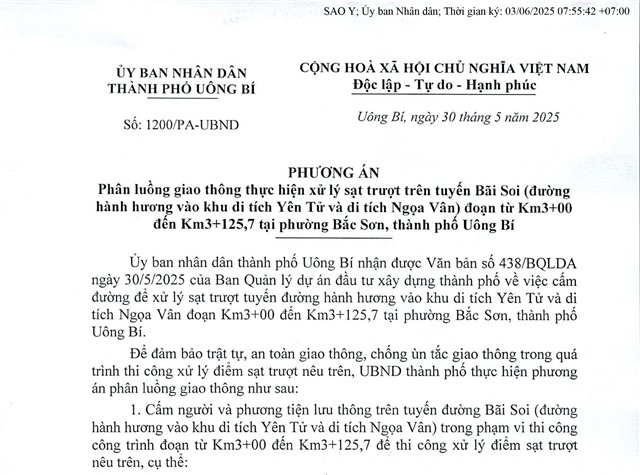 Phương án phân luồng giao thông thực hiện xử lý sạt trượt trên tuyến Bãi Soi (đường hành hương vào khu di tích Yên Tử và di tích Ngọa Vân) đoạn từ Km3 + 00 đến Km3+125,7 tại phường Bắc Sơn, thành phố uu888 one