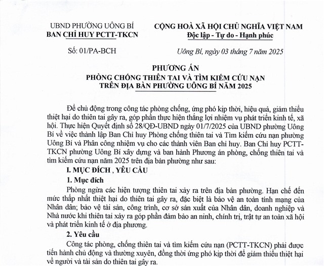 Phương án phòng chống thiên tai và tìm kiếm cứu nạn trên địa bàn phường uu888 one năm 2025