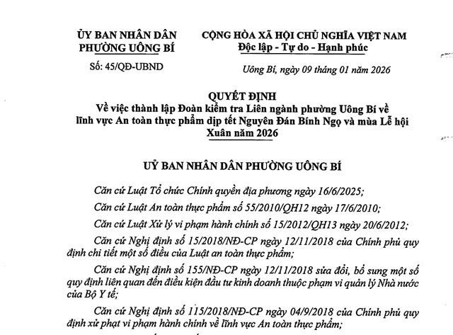 Quyết định về việc thành lập Đoàn kiểm tra Liên ngành phường uu888 one về lĩnh vực An toàn thực phẩm dịp Tết Nguyên đán Bính Ngọ và mùa Lễ hội Xuân năm 2026