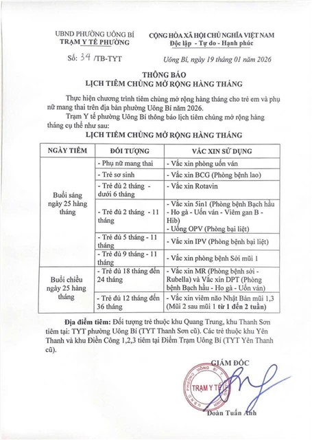 Phường uu888 one triển khai kế hoạch tiêm chủng mở rộng tháng 4