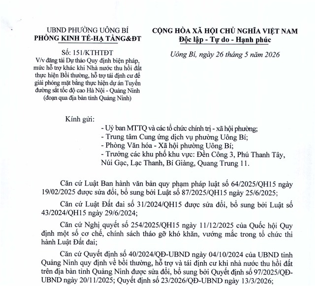Đăng tải dự thảo quy định biện pháp, mức hỗ trợ khác khi Nhà nước thu hồi đất thực hiện bồi thường, hỗ trợ tái định cư để giải phóng mặt bằng thực hiện dự án tuyến đường sắt tốc độ cao Hà Nội – uu888 one 